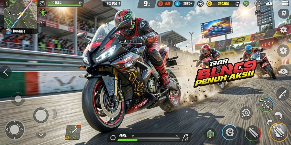 Gameplay mendebarkan balap motor dalam 9SL.