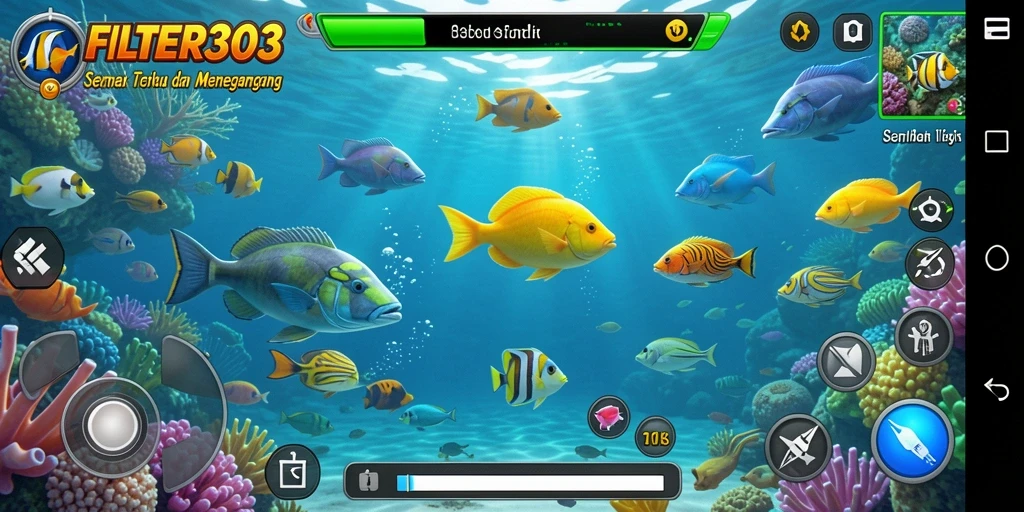Tangkapan layar gameplay FILTER303 menampilkan aksi seru menembak ikan di laut.
