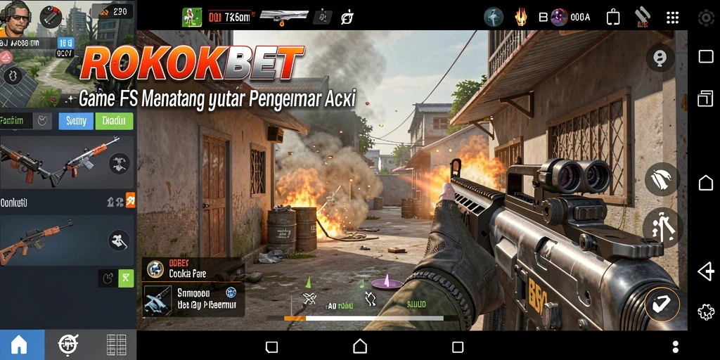 Tangkapan layar ROKOKBET menampilkan aksi pertempuran FPS yang intens.