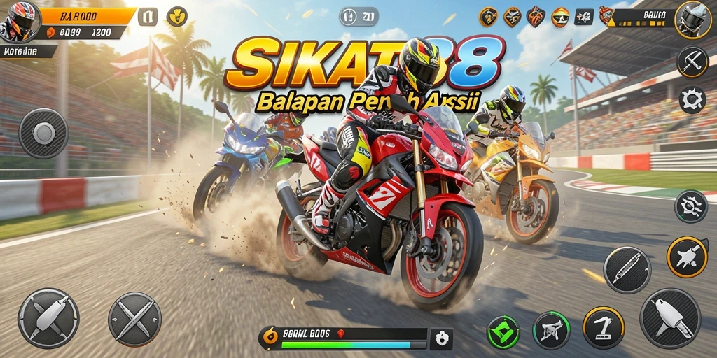 Tampilan screenshot menunjukkan aksi balapan motor yang seru.