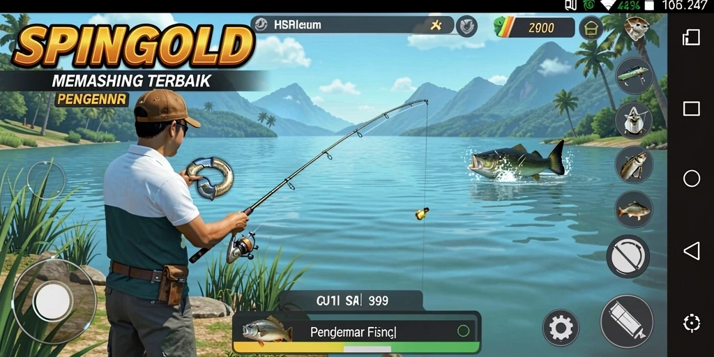 Tampilan gameplay SPINGOLD yang seru saat memancing ikan.